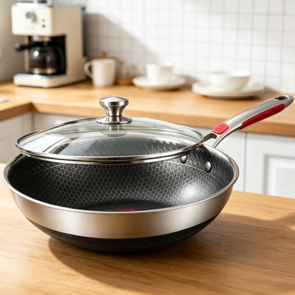 304 Stainless Steel Double-sided Honeycomb Wok 32cm, Coating Free Anti-scratch Cooking Skillet for Family Cooking