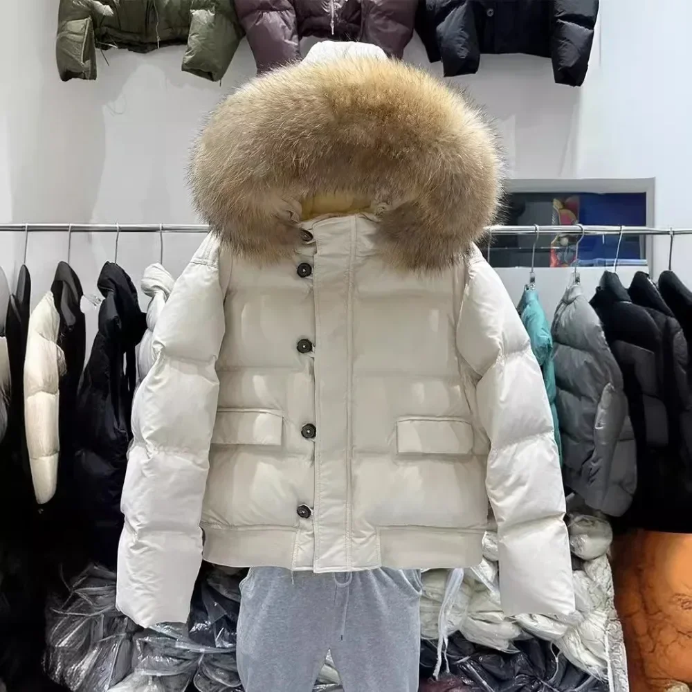 2025 New Winter White Duck Down Jacket Women Real Raccoon  Collar Coat Female Short Warm Real  Down Coat Zipper Button