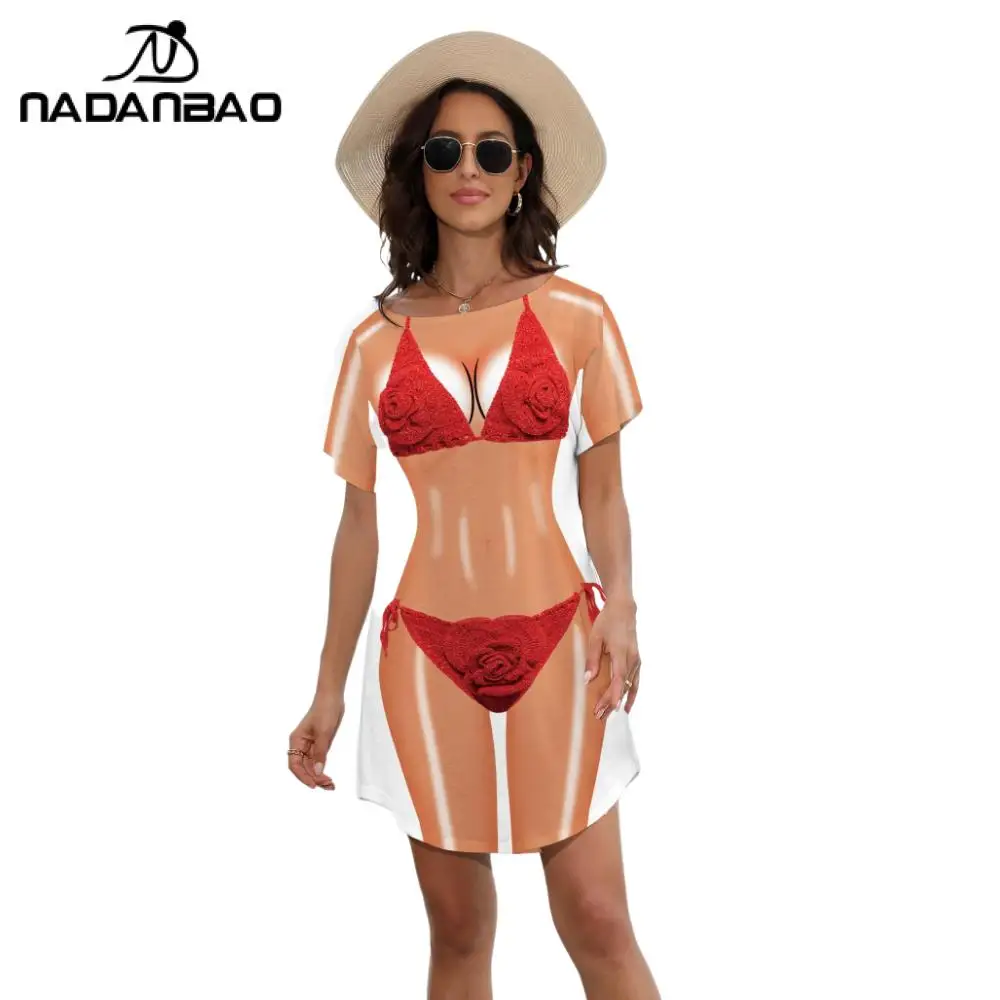 Nadanbao ผู้หญิง Mermaid บิกินี่รูปแบบเสื้อยืดฤดูร้อนบิกินี่ COVER UP ชุดแขนสั้น Baggy เสื้อแฟชั่นชุดว่ายน้ํา