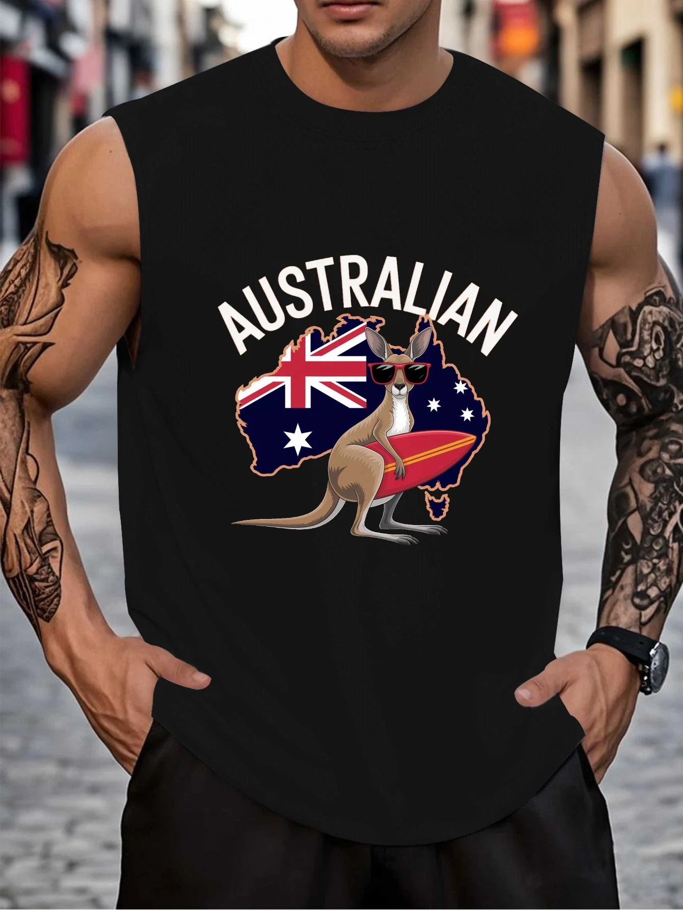 

Men's vest, featuring the Australian Day kangaroo surfing design, specially designed for tall individuals.