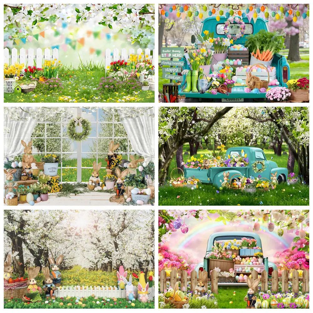 

Spring Easter Backdrop For Photography Garden Bunny Colorful Eggs Wood Fence Window Rainbow Background Decor Photo studio Props