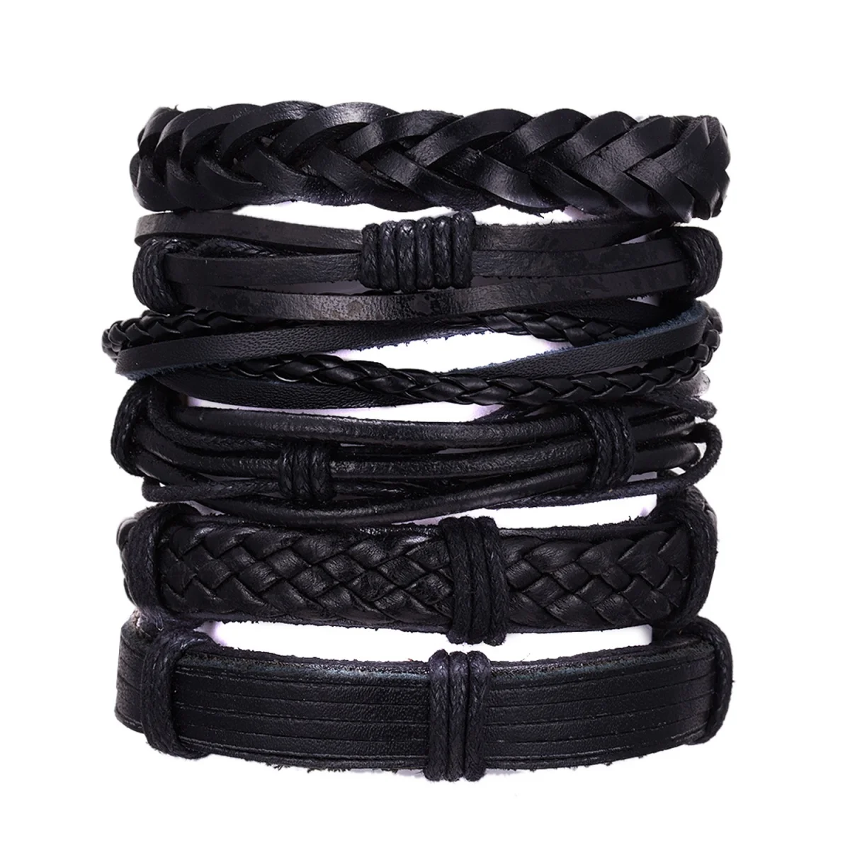6 Teile/satz Vintage Punk Multilayer Schwarz Leder Seil Armbänder Für Männer Frauen Minimalistischen Handgemachte Geflochtene Armreifen Partei Schmuck