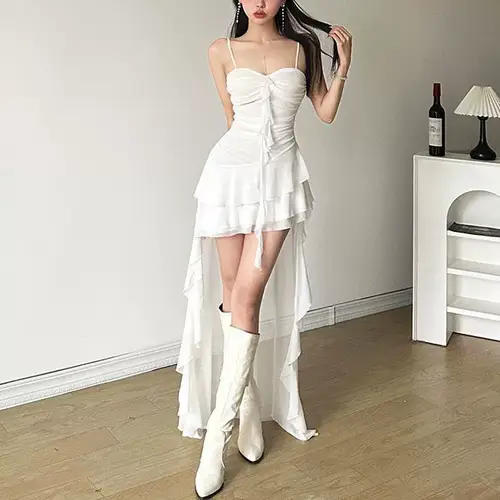 Fashion Sexy Spaghetti Strap Ruffle Irregular Bodycon Party Club Evening Dress Women Mesh Suspender Spring Summer Holiday Beach - Image 5