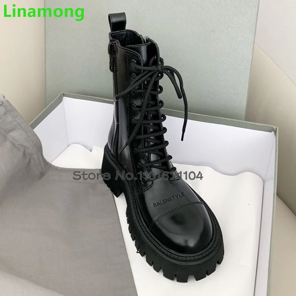 Black Thick Sole Lace-up Luxury Boots For Female Women 2024 Autumn New Round Toe Ankle High Solid Casual Fashion Cool Shoes