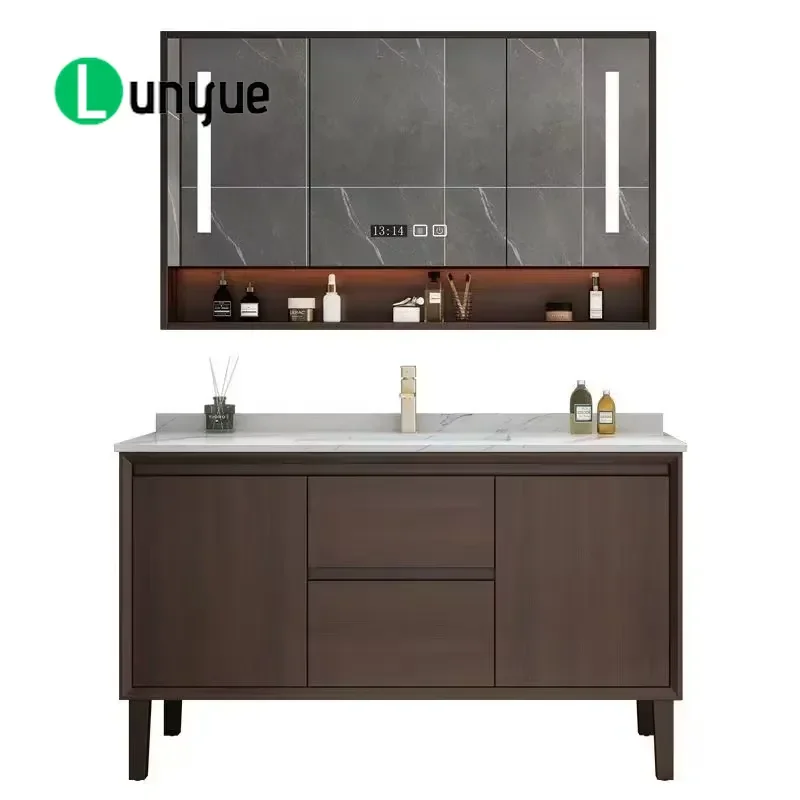 Solid Wood Bathroom Cabinet Set New Chinese Style Single Basin Vanity with Smart LED Storage Mirror Modern Furniture for Home