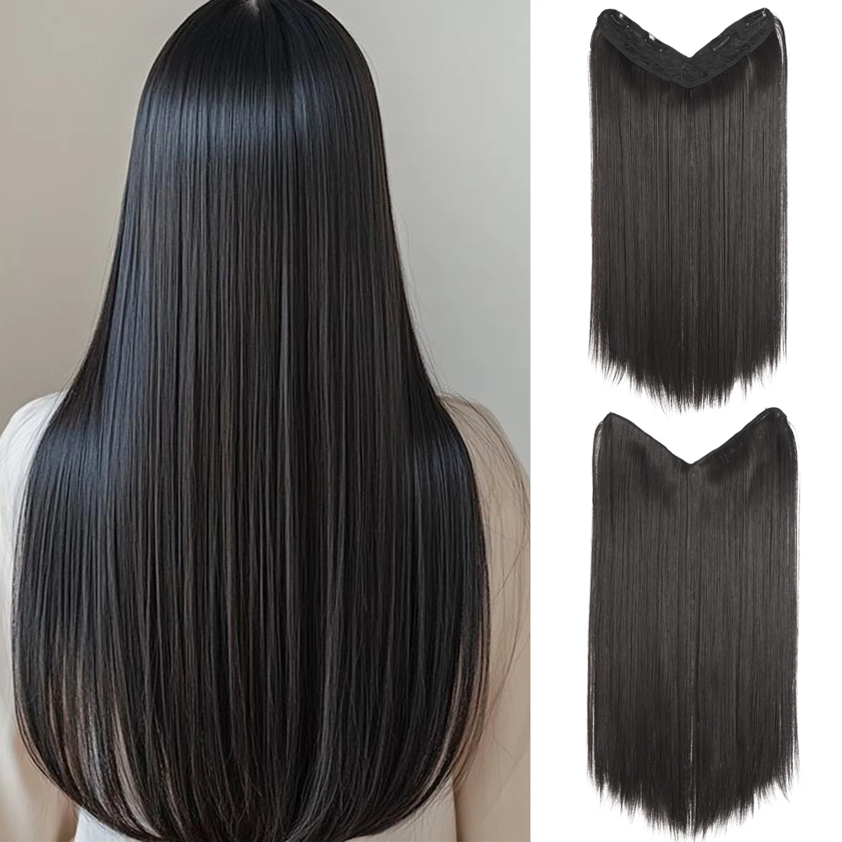 

Synthetic V-shaped hair extension piece wig long straight hair female natural connection seamless clip hair wig piece black