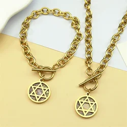 Y2K Magen Star of David Hexagram Necklace Bracelet Set Women Stainless Steel Abalone Shell Jewish Party Jewelry Gifts N8220S08