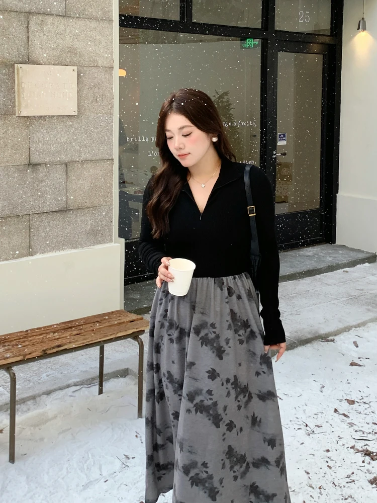 

Женская осенняя юбка больших размеров в национальном стиле с вязаным принтом и вставками, эффект похудения, винтажный дизайн, для повседневной носки