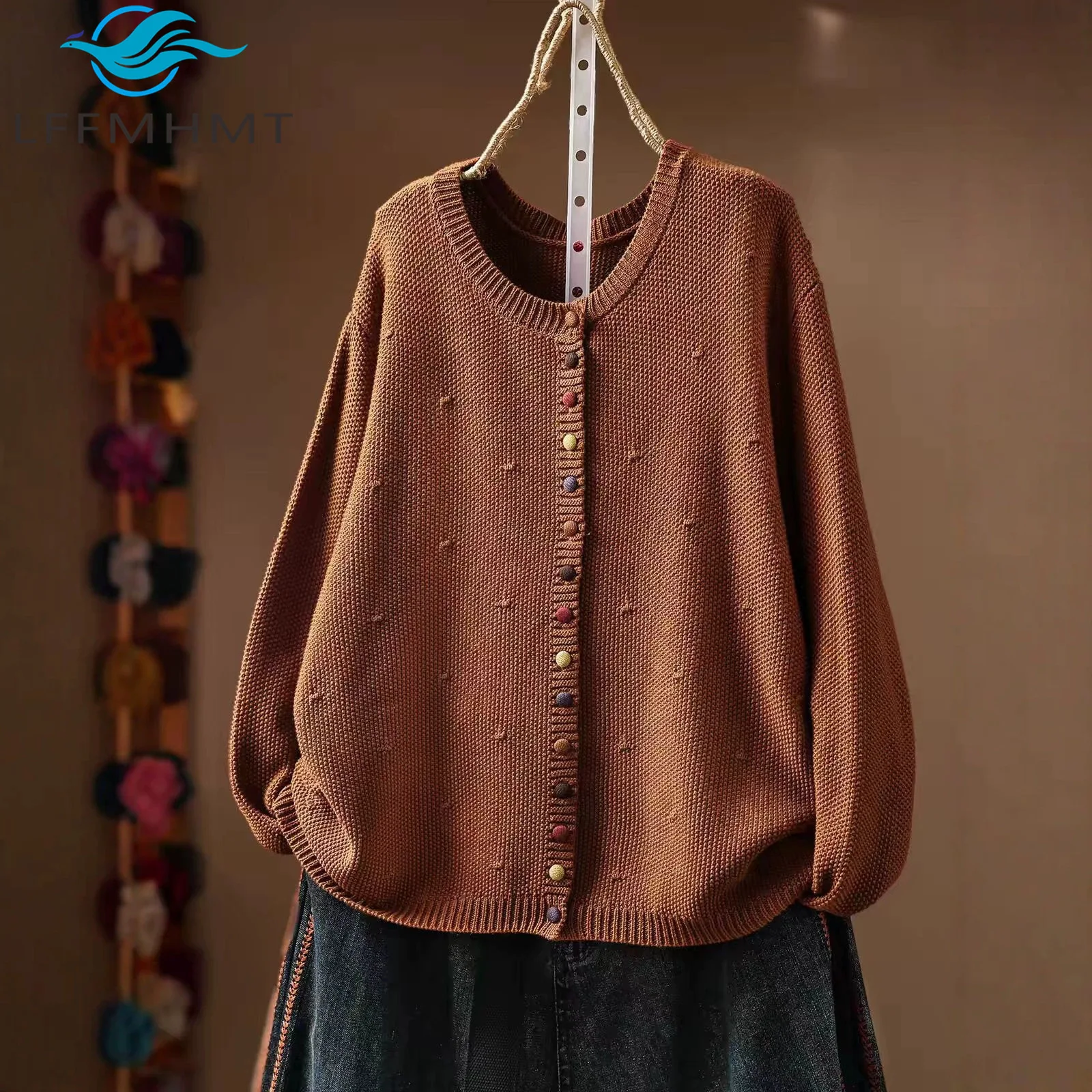 Women Cotton Yarn Knit Cardigan Colorful Buttons Round Neck Long Sleeve Artistic Loose Layering Fall Winter Casual Sweater