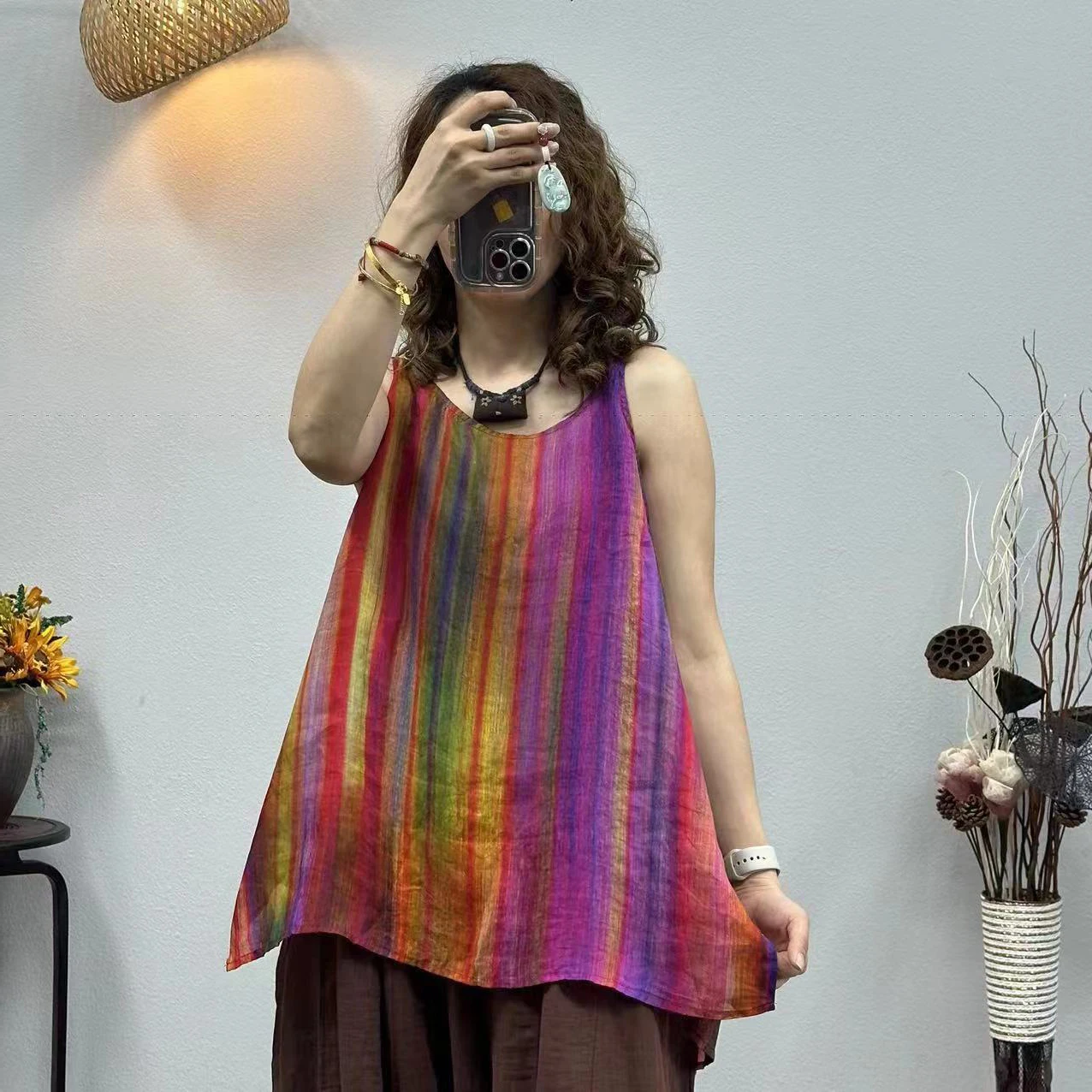 

Retro Color Blo Stripe Crop Top Vest Loose Casual Inner Wear plus Size Women's Faion Summer Thinming Clothing