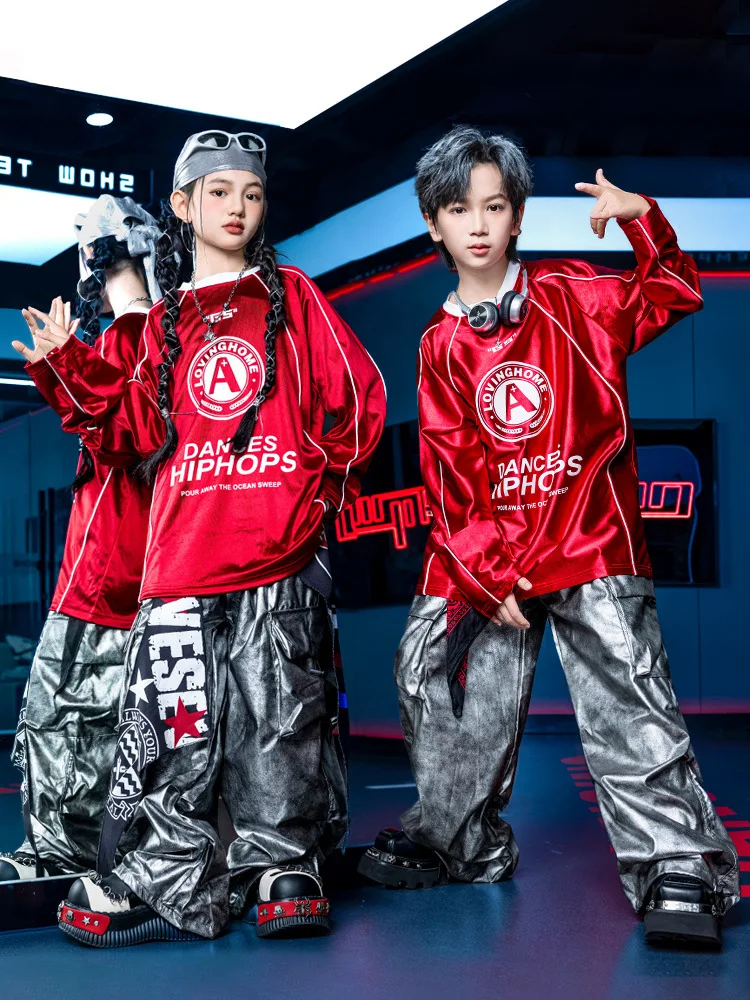 الفتيات ملابس رقص الجاز الفتيان الهيب هوب زي كبير الحجم السراويل الفضفاضة الحمراء الفضة في سن المراهقة شارع الرقص أداء المرحلة ارتداء 4652 #2