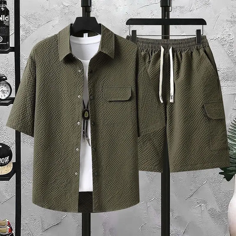 

Men Summer Workwear Set Hong Kong Style Short Sleeve Shirt Ice Silk Shorts Casual Trendy Versatile Outfit