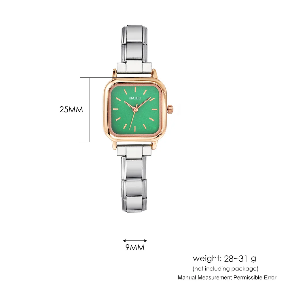 쿼츠 시계 스테인레스 스틸 스트랩 폭 9mm 디자인 라이트 럭셔리 사각형 모양 녹색 파란색 손 시계 커플 생일 파티 선물