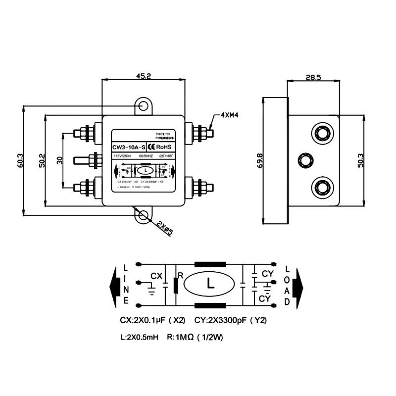 Single-phase AC power filter 220V AC emi filter CW3-10A-S/T 10A 20A 30A  Purifier Anti-interference  CW3-20A-T CW3-30A-T CW3-30A