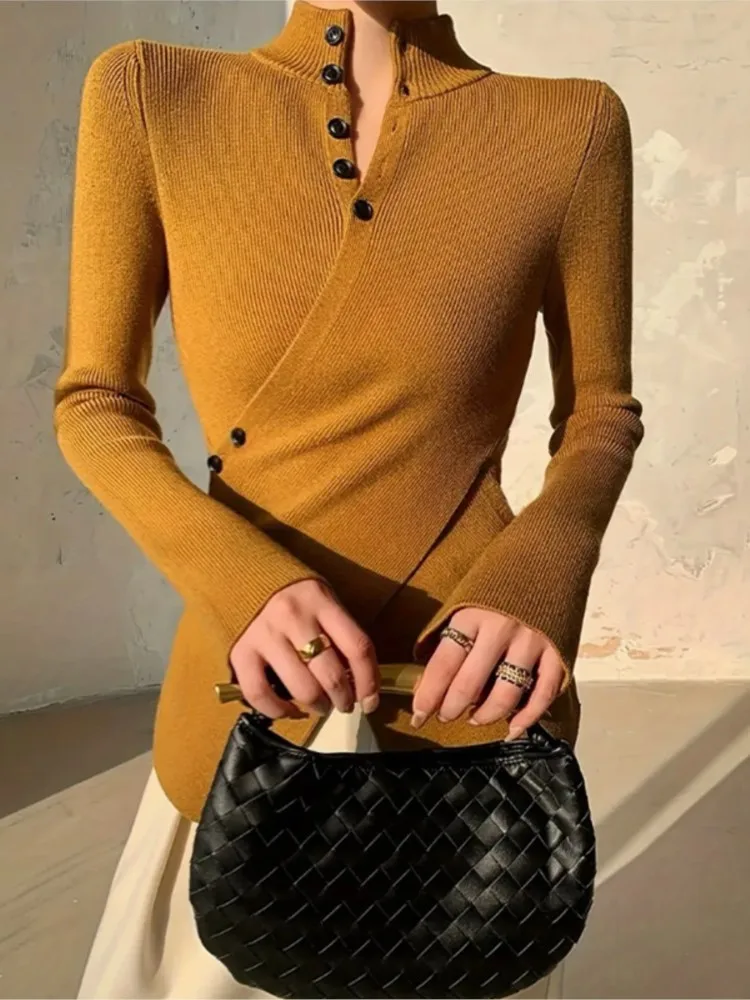 

Knitted Shirt Stand Up Collar Asymmetrical Cross Button Autumn Winter Women's New Look Slimming Solid Color Top