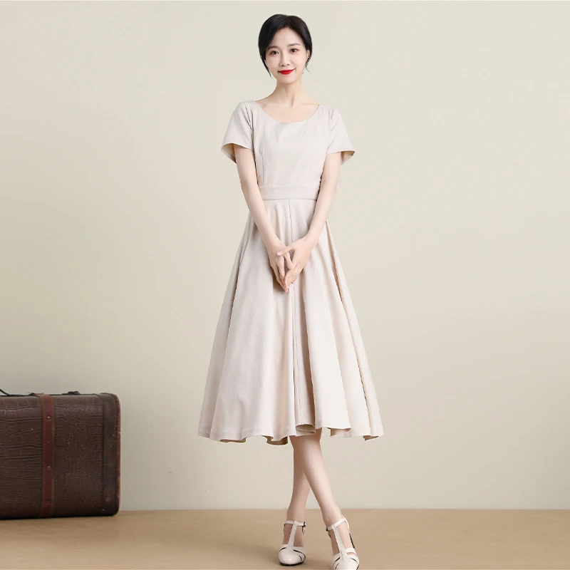 

Short Sleeve Linen Dress, SwingDress, Fitted Dress, Beige Spring Summer Dress,Party Dress, Flared Dress with Pock