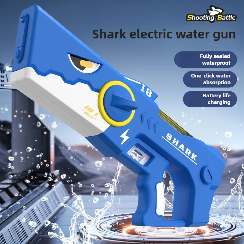 상어 물 블래스터 자동 채우기 전기 물총 450ml 탱크 12m 범위 풀 해변 전투 장난감 성인 어린이 여름 재미