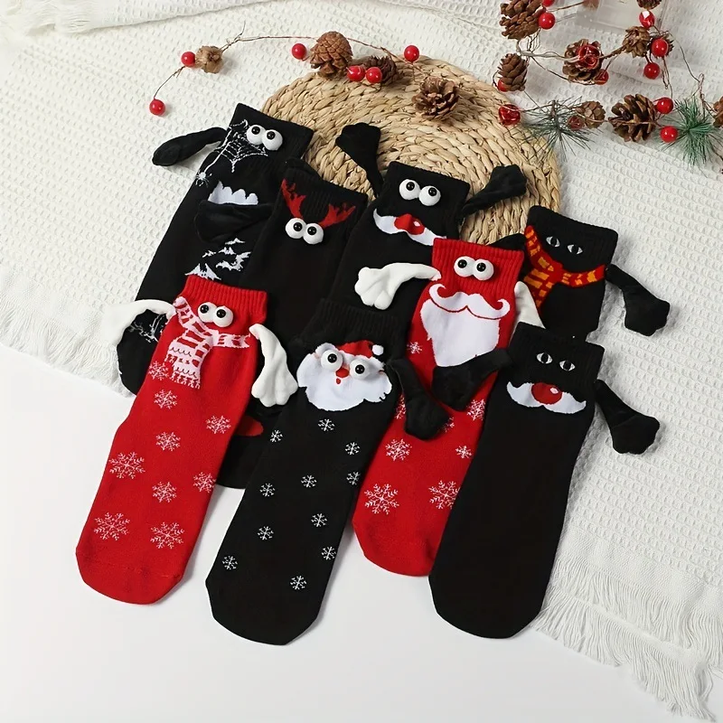 Women's Autumn Winter Socks Mid Tube Sock Hand In Hand Christmas Sock Couple Magnetic Pull Cute Christmas Sock Magnet Tube Socks