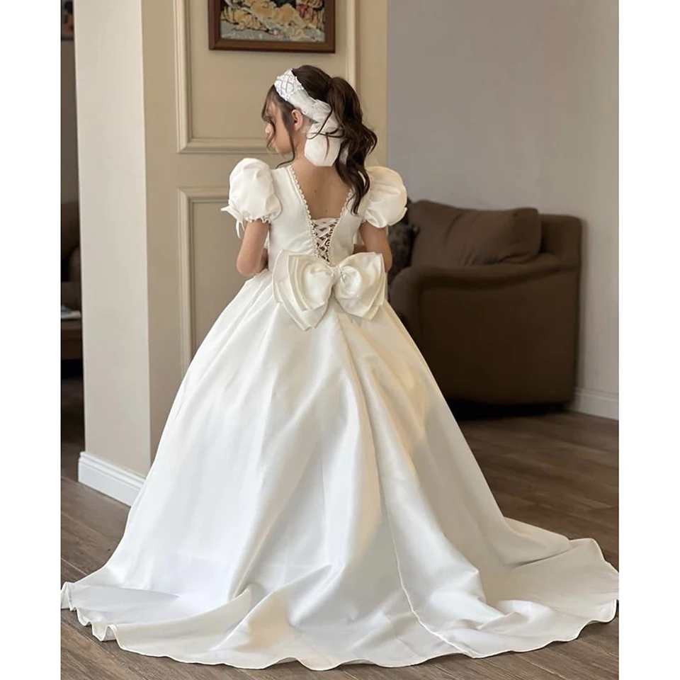 Elegante gola quadrada Puff mangas vestido, arco florista, até o chão, primeira comunhão, vestido de concurso, linha A, casamento, 2023