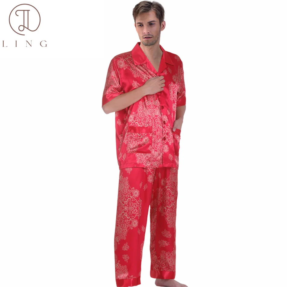 Ling Silk Satin Mens Pajama Sets Half Sleeve Men's Sleep Lounge Sleepwear Two Piece Sets Plus Size Elastic Waist M-XXXL