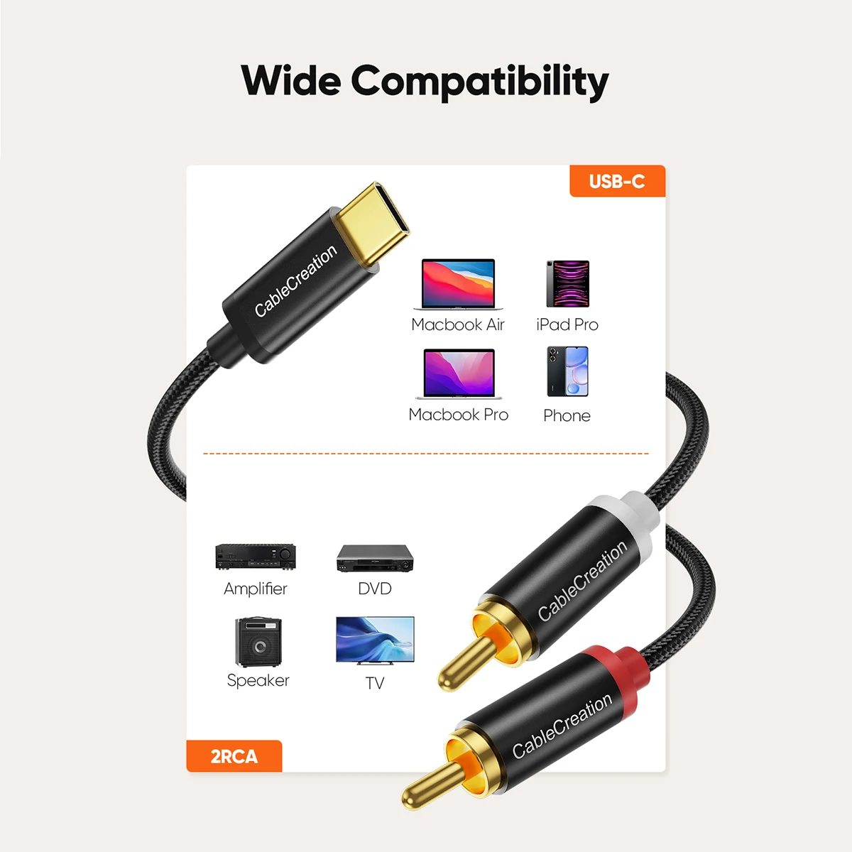 CableCreation USB C to RCA Audio Cable Type C to 2 RCA Cable Type-C to 2 Male Y RCA Splitter for Speaker Amplifier Huawei Xiaomi