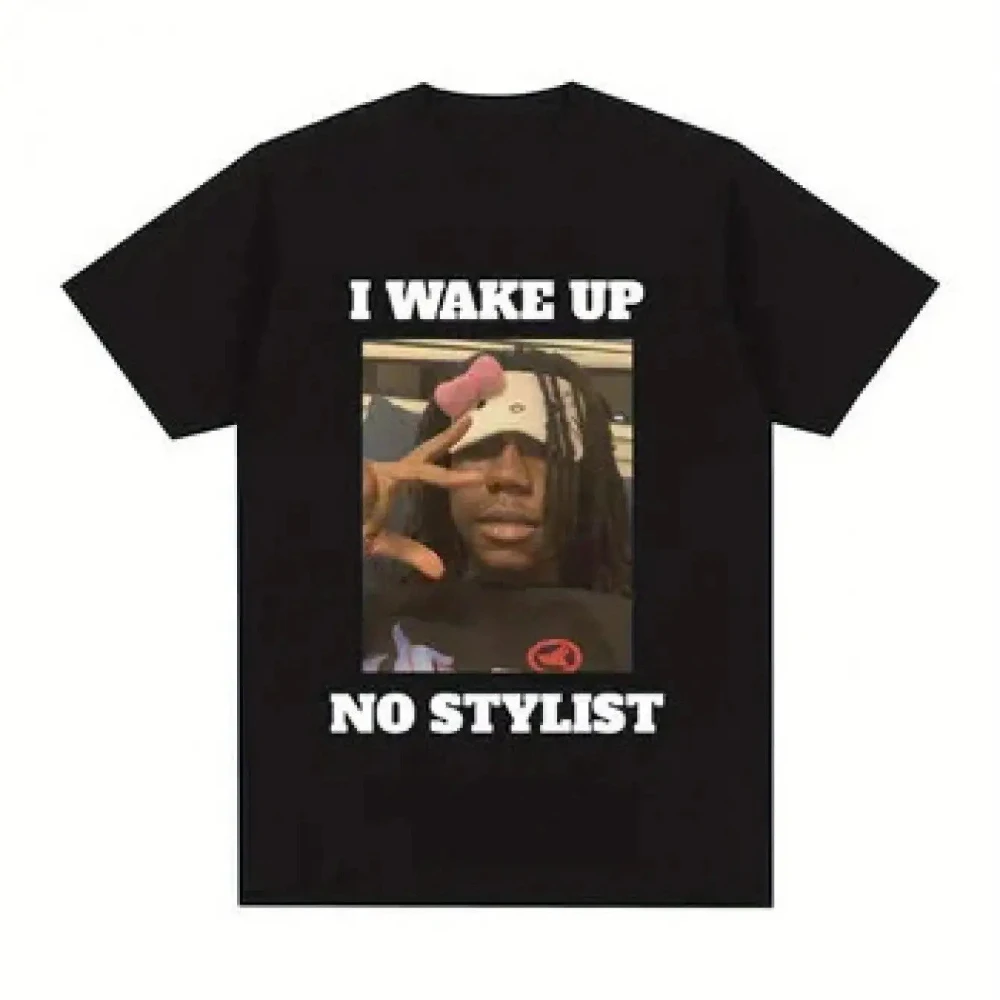Men'S Funny Rapper I Wake Up No Stylist Graphic T-Shirt Black Hip Hop T-Shirt with Bold White Men's T-shirts for Summer