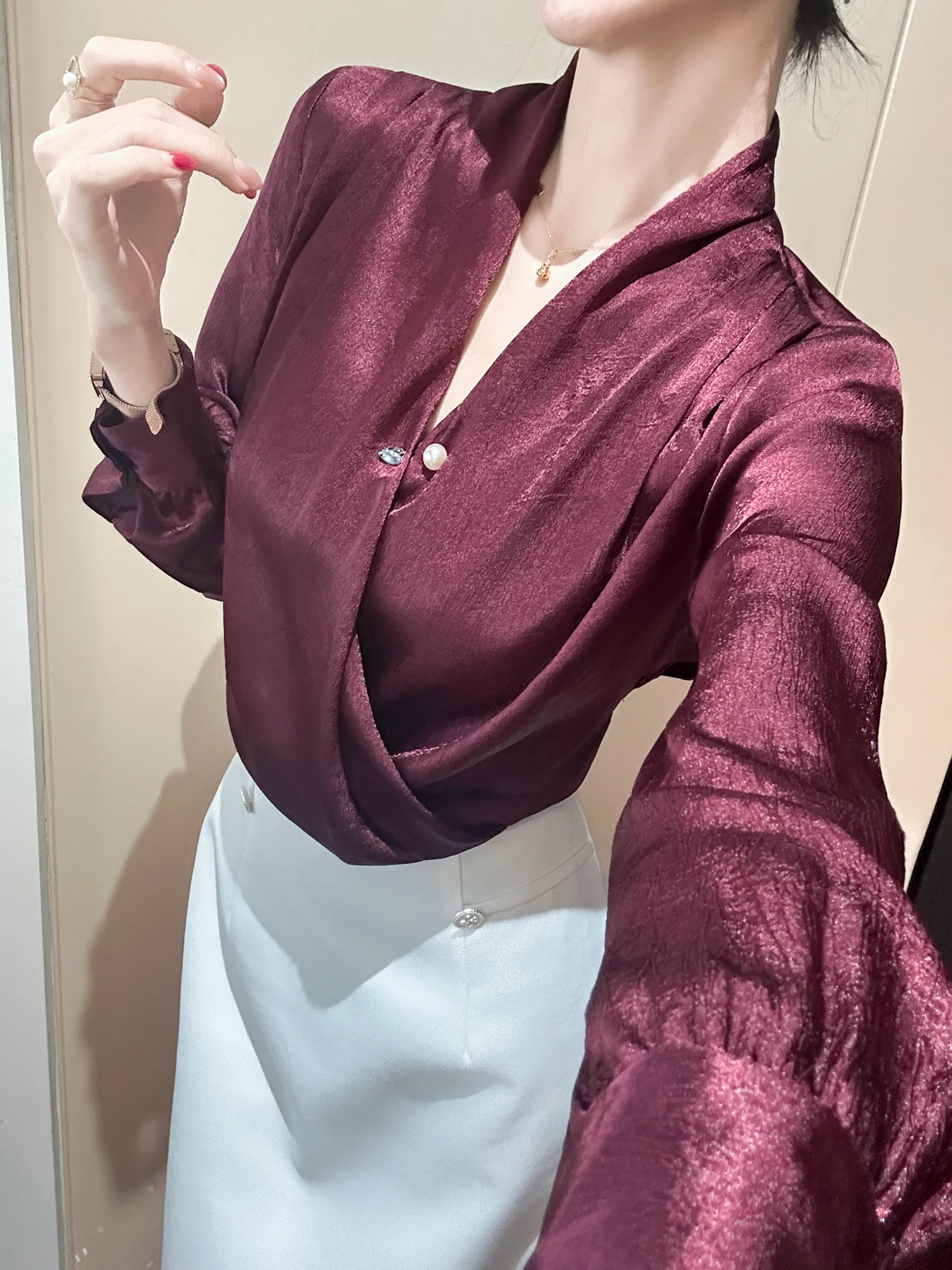 

You See Pearlescent Slimming irt Women's Faion Commute Sle Pearl Decorated Loose Fit Long Sve V-Ne Ele Beau