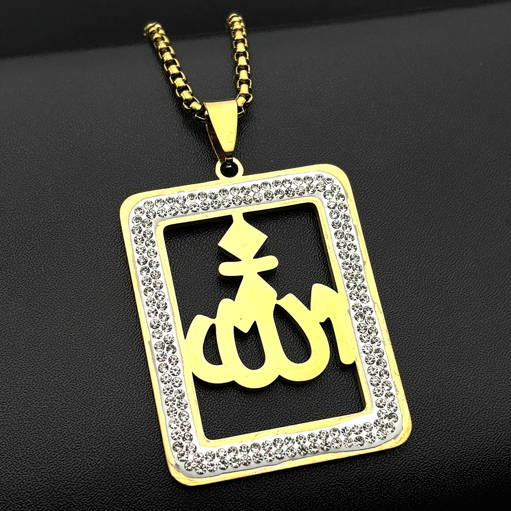 Islamic Arab Allah God Name Pendant Necklace for Men Women Stainless Steel Gold Color Rhinestones Muslim Chain Amulet Jewelry view 4