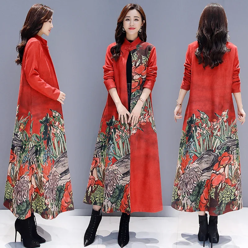 2023 Fall Spring  Women Red Grey Floral Print Long Suede Trench Coats , Womens Clothes Mandarin Collar Flower  Loose Coats