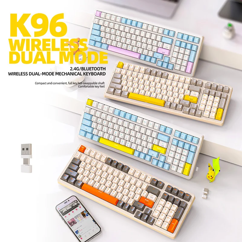 K96 Russian Version Bluetooth 2.4G Wireless Dual-mode Red Switch Hot-swappable Mechanical Keyboard For Computer Tablet