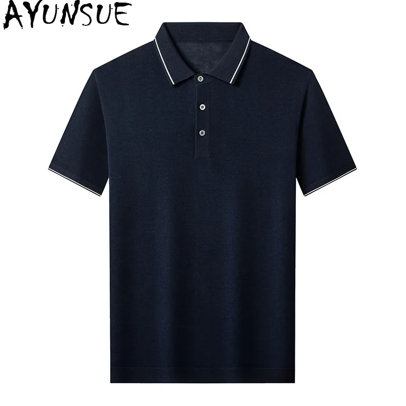 

AYUNSUE 100% Real Mulberry Silk Polo Shirt for Man High Quality Summer Top 2026 Short Sleeve Polo Shirts Men Polos Para Hombre
