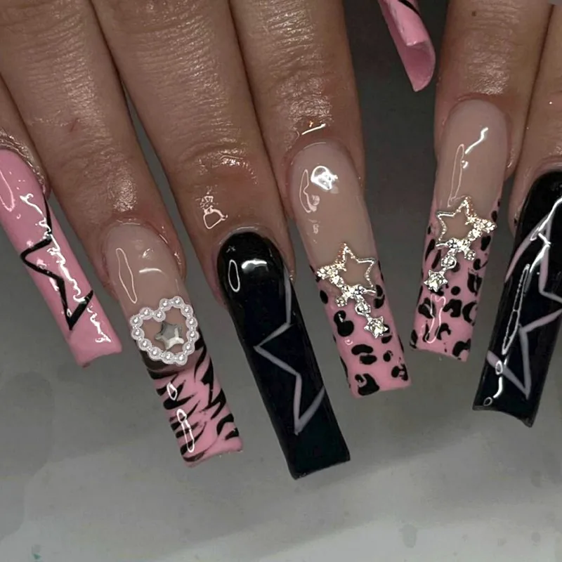 24pcs Long False Nails Black Pink Zebra Print French Acrylic Press on Nails with Glue 3d Stars Cheap Stick-on Nails for Girls