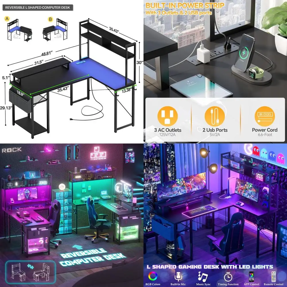

Игровой L-образный стол с LED-подсветкой, розетками и подставкой для монитора, черный, с решениями для хранения для домашнего офиса