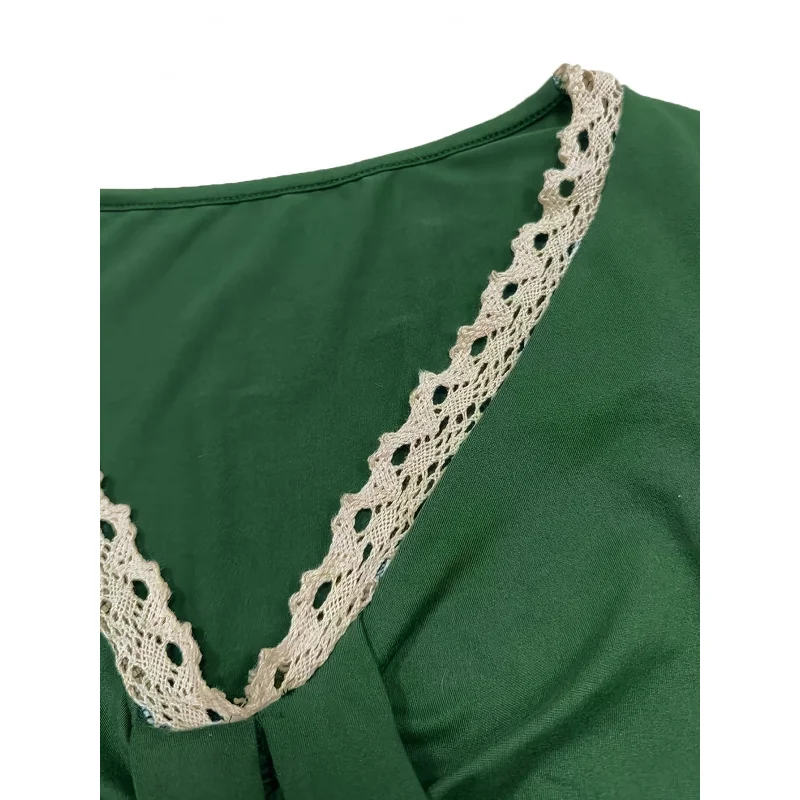 

Retro Solid Color Lace V-Neck Elastic Long-Sleeved-Shirt Basic Home Casual Daily-Shirt [Nian Nian]
