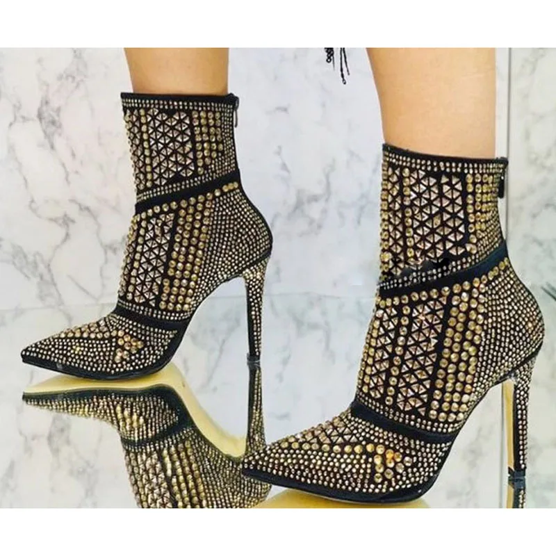 Sexy Woman Gold Silver Crystal triangle Rivets Ankle Boots 12CM Pointed Toe High Heel Short Boots Woman Full Drilled Bottines