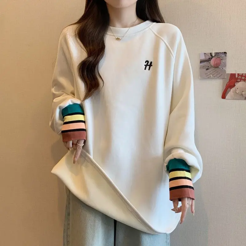 Large size women's clothing autumn and winter new velvet thickened warm contrasting colors loose and thin long-sleeved top