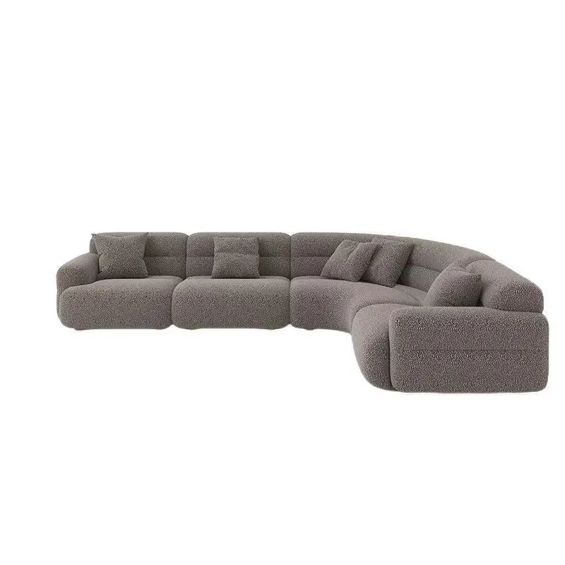 Modern minimalist large flat curved sofa, French cream style fabric