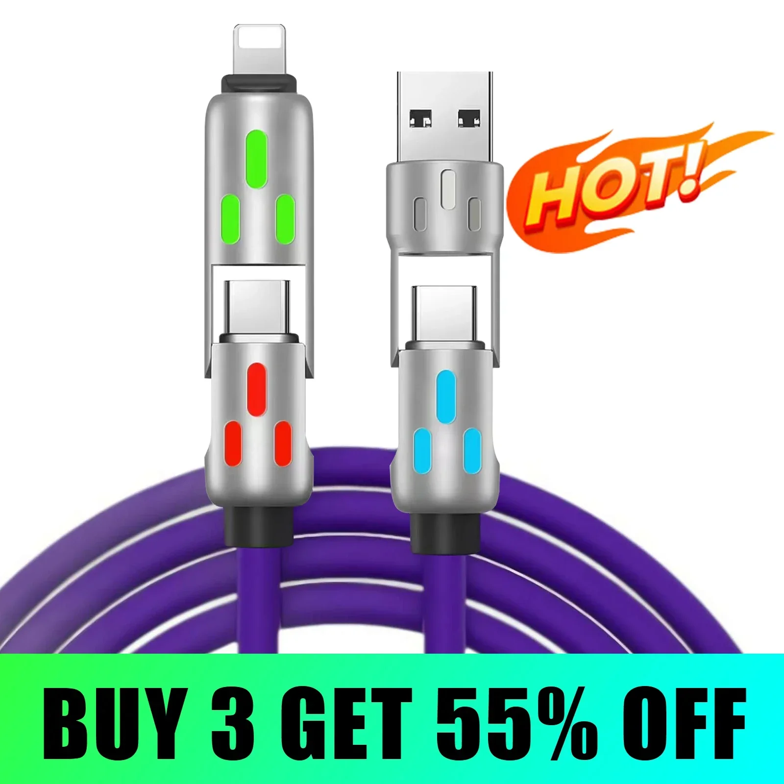 Cable USB 4 en 1 de carga rápida de 4 pies (USB A/Tipo C/Lightning) - Carga y transferencia de datos de alta potencia de 240 W, luz de respiración