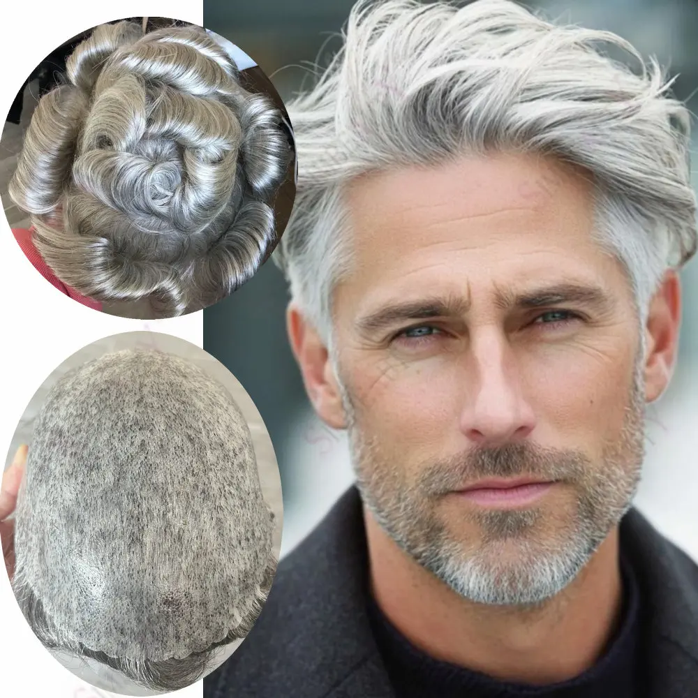 1B80 1B65 مزيج رمادي غير قابل للاكتشاف سوبر دائم رقيقة الجلد الذكور شعر مستعار بني شعر الإنسان كامل بولي Mens رجل الشعر المستعار شعري طبيعي الاصطناعية #1