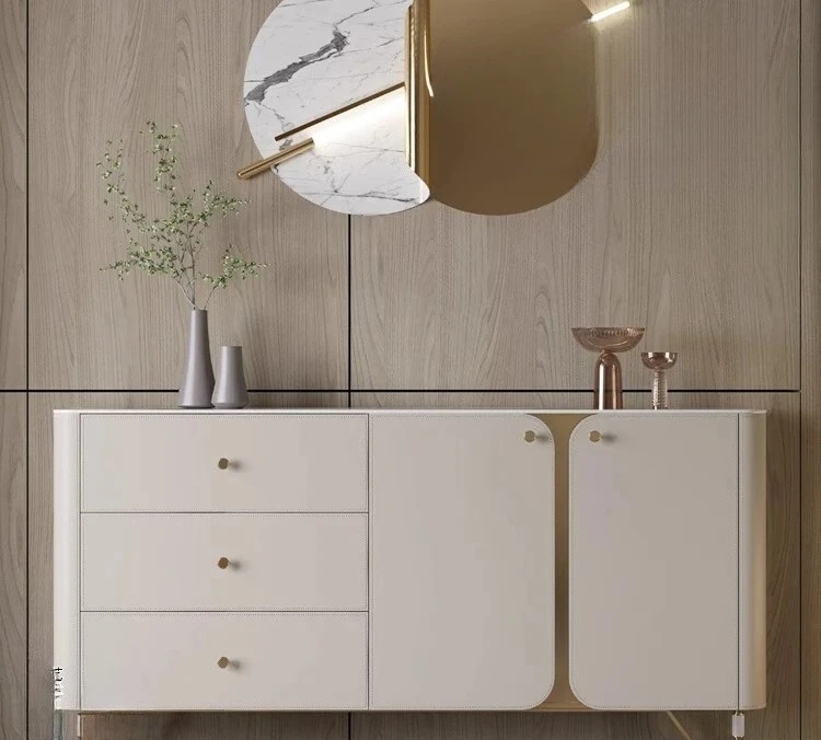 

Saddle leather dining side cabinet integrated against the wall storage guest restaurant light luxury rock slab mystery cabinet