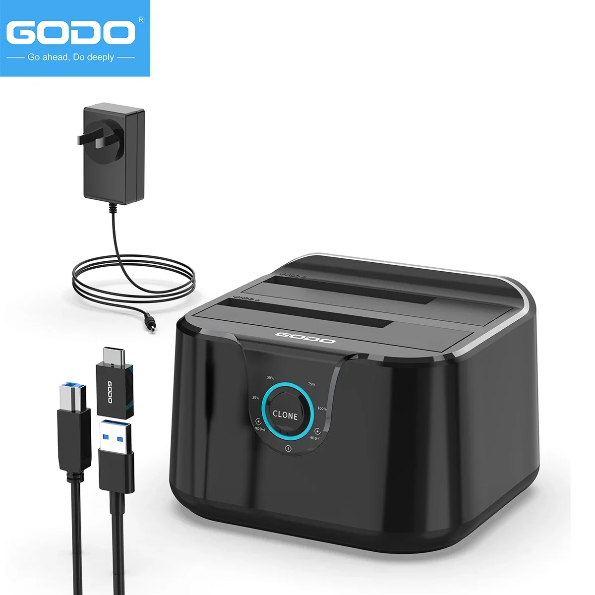 GODO USB 3.0 to SATA Mini Dual Bay External Hard Drive Docking Station for 2.5/3.5 inch HDD SSD Support Offline Clone
