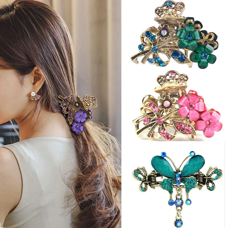 Vintage Crystal Flower Hair Claw Korean Simple Elegant Ponytail Clip Female Ladies Hair Styling Accessories Mother\'s Day Gifts