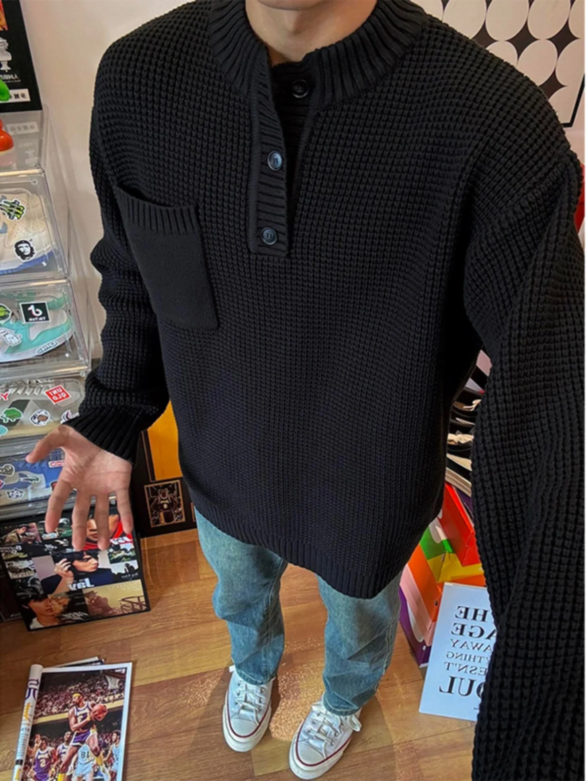 

Мужской вязаный свитер Cleanfit с воротником хенли, длинный рукав, осенне-зимний, американский стиль, утолщенный, комфортный