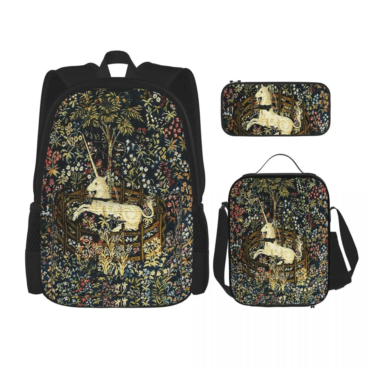 

The Unicorn In Captivity Medieval Floral Backpacks Students Bookbag School Bags Rucksack Lunch Bag Pen Bag Three-Piece Set