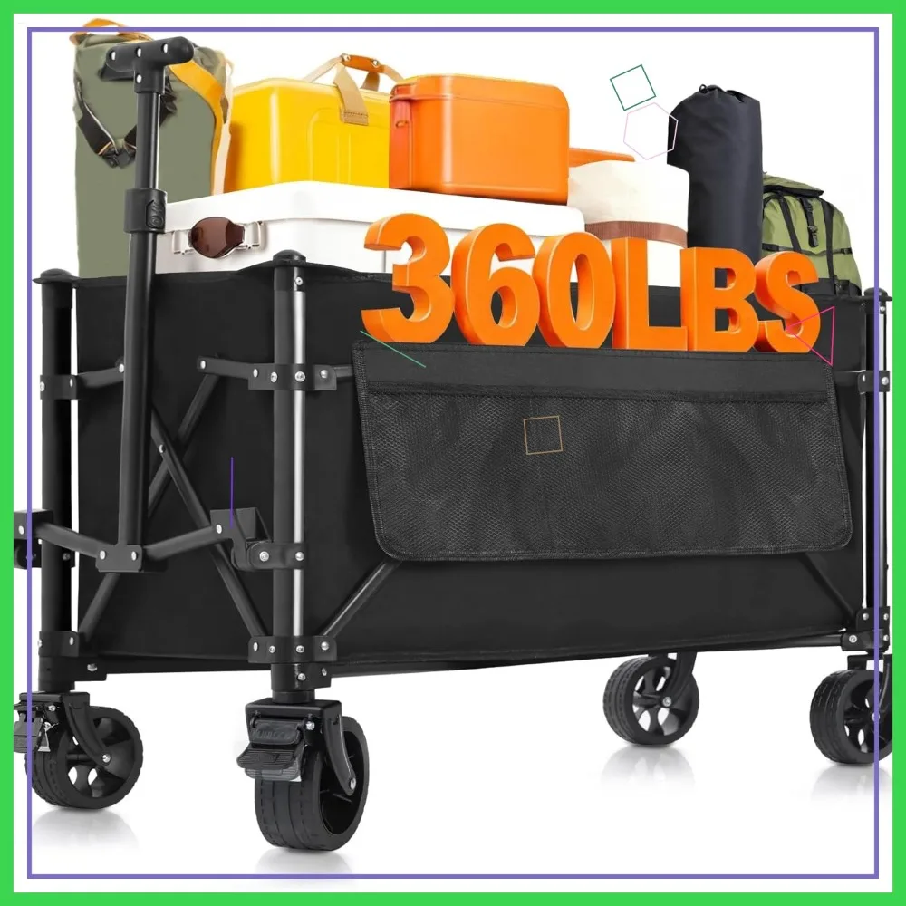 

Складная тележка-вагон 150 л и 360 фунтов с внедорожными колесами и тормозами для кемпинга, покупок, сада, черная