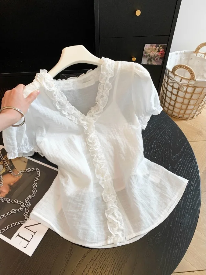 

Unique Beautiful Bubble Sleeve V-Neck Shirt Women's Summer New Design Wood Grain Splicing Korean Style Polyester Fiber