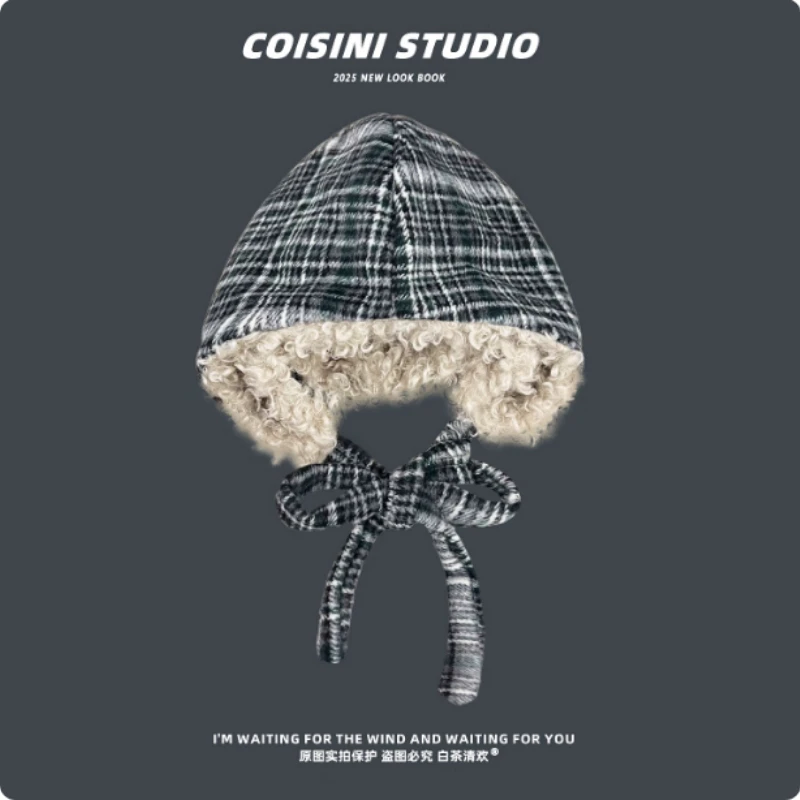 

Японский ретро клетчатый плюшевый пуловер с ремешком, шапки-бомберы для мужчин и женщин, зимние уличные теплые универсальные шапки-пилоты с защитой ушей