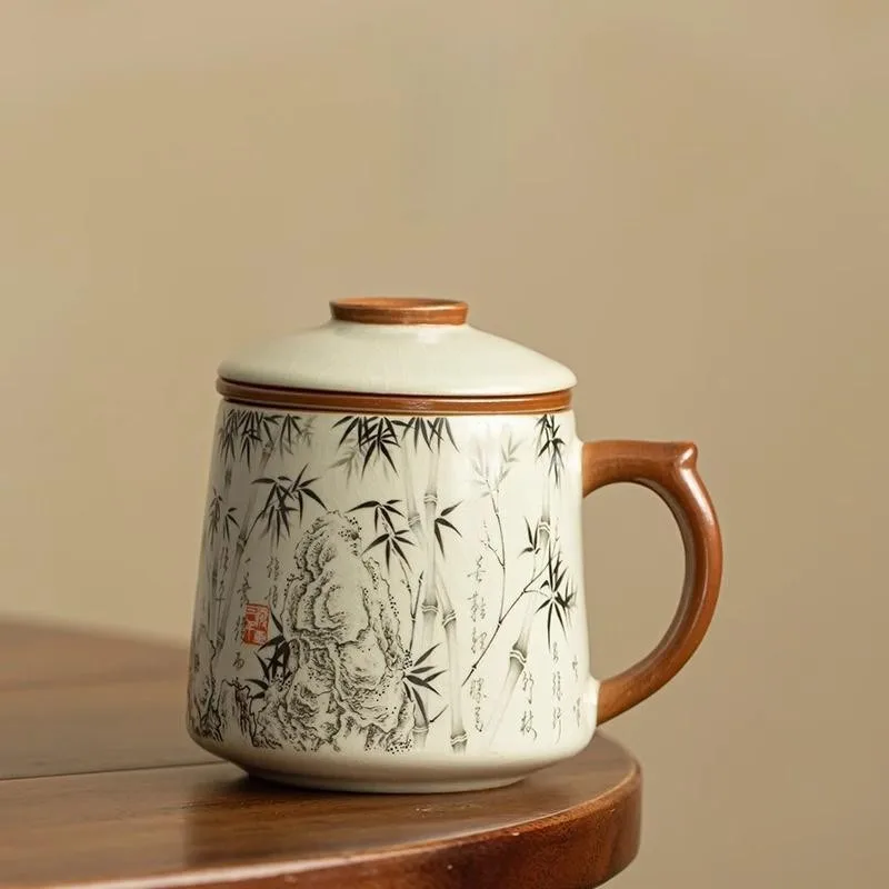 

Большая керамическая кружка с крышкой и бамбуковым фильтром для разделения чая и воды, офисная кружка с внутренним фильтром для личного использования