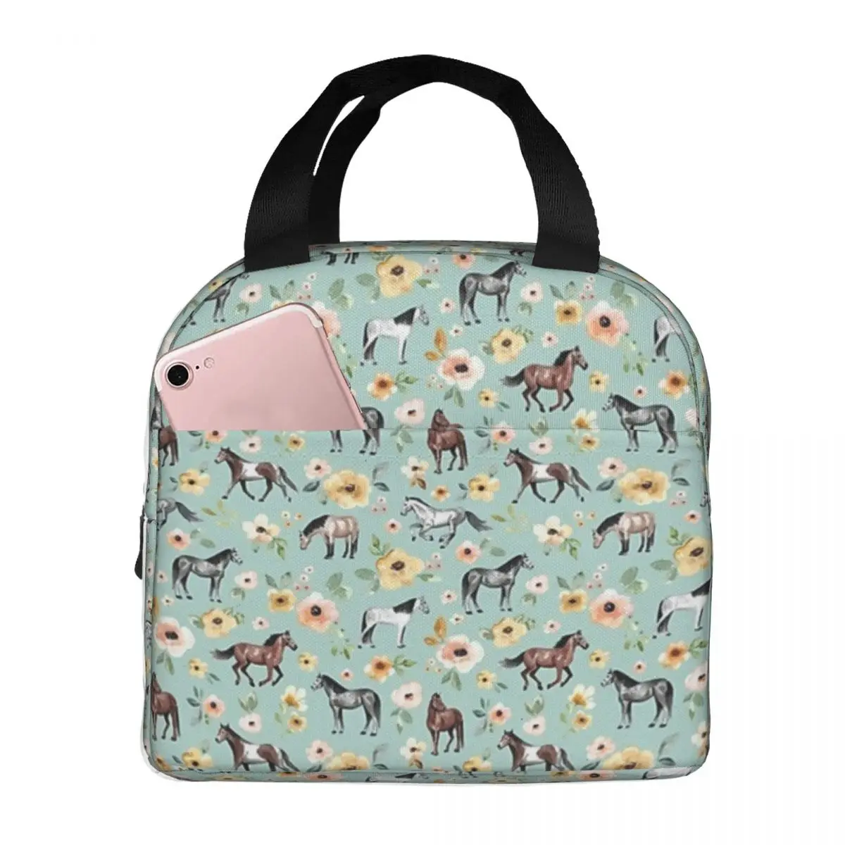 Horses With Flowers, Sunrise Floral, Lunch Bags Insulated Bento Box Lunch Tote Picnic Bags Thermal Bag for Woman Student Work