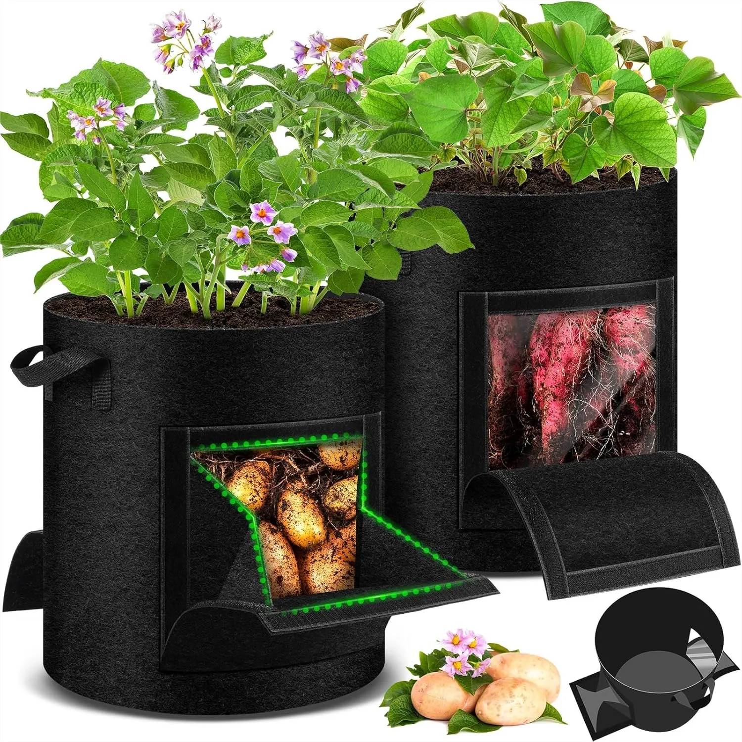 

2 Pack 15 Gallon Potato Grow Bags with Pull-Down Harvest Window, Heavy Duty Nonwoven Fabric for Vegetables, Visible Window for